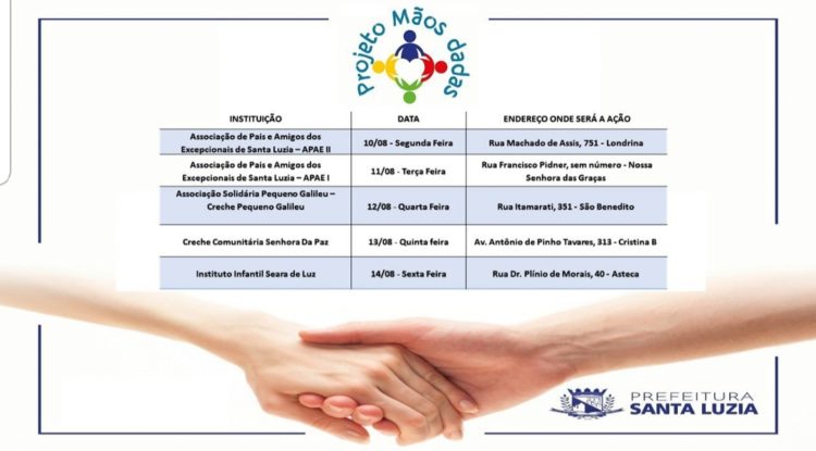 Prefeitura disponibiliza calendário de atendimento do Projeto Mãos Dadas