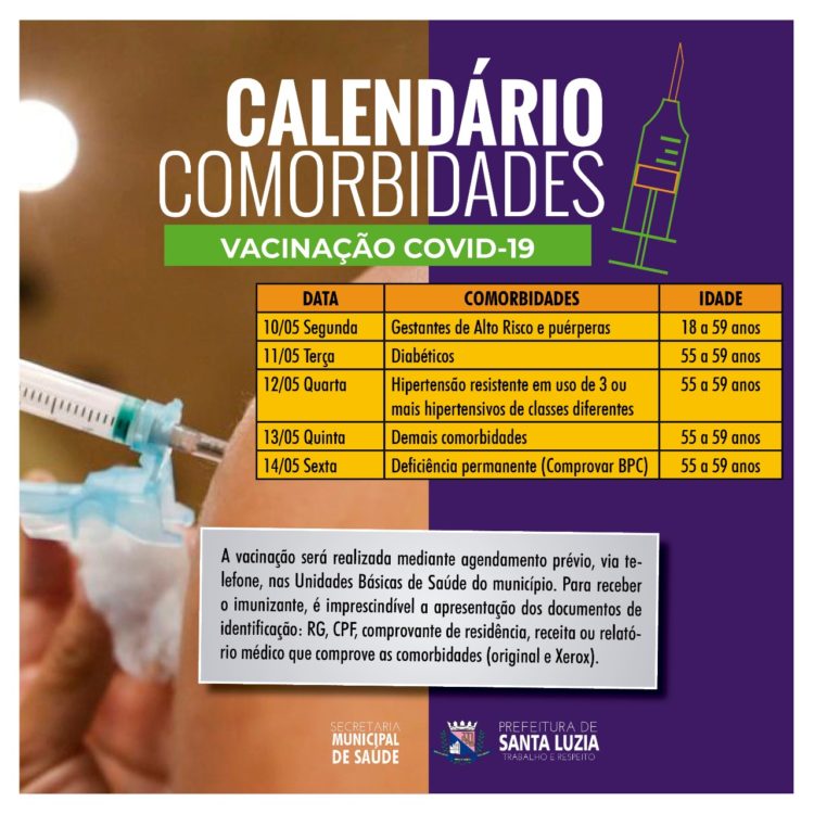 Prefeitura divulga calendário de vacinação contra a covid-19 para pessoas com comorbidades