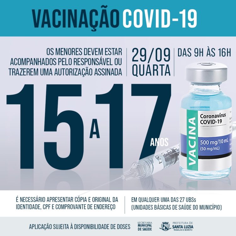 Vacinação contra covid-19 em Santa Luzia chega a adolescentes de 15 a 17 anos